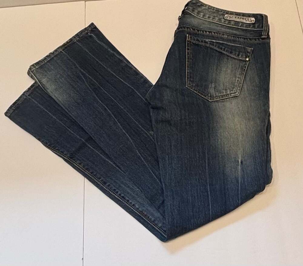 Express Jeans Barely Boot Stella Low Rise Distressed Denim Jeans- 4R
